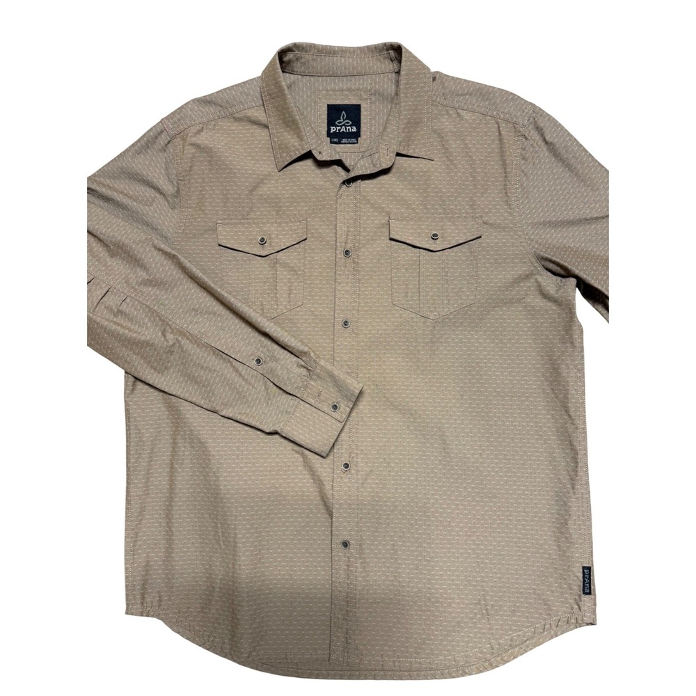 Prana Mens Large Brown Geometric Print Roll Tab Long Sleeve Button Up Shirt LRG